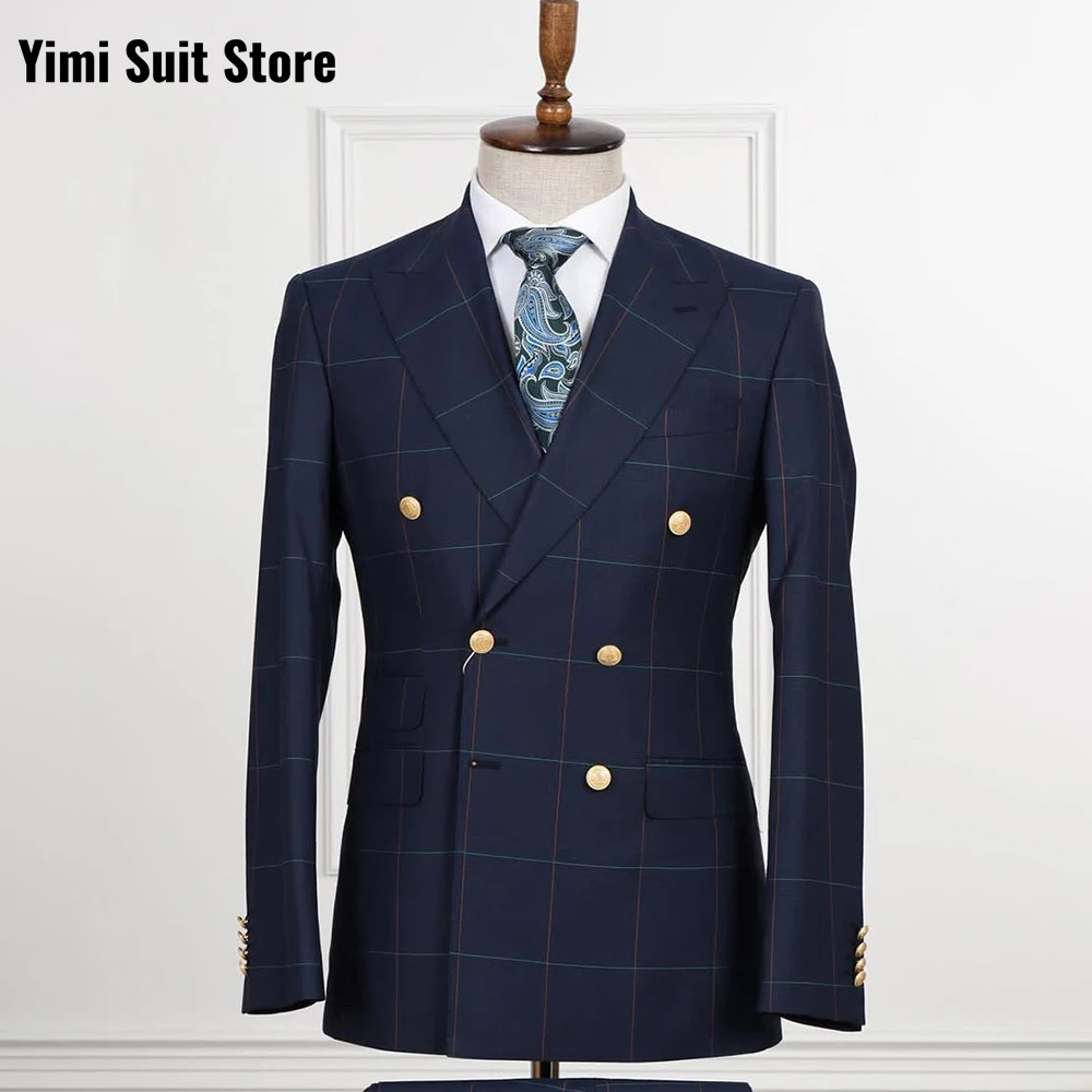 Yimi Luxury Check Plaid Double Breasted Suit for Men - Tailored Groom Wedding & Business Party Formal Outfit (Jacket + Pants)