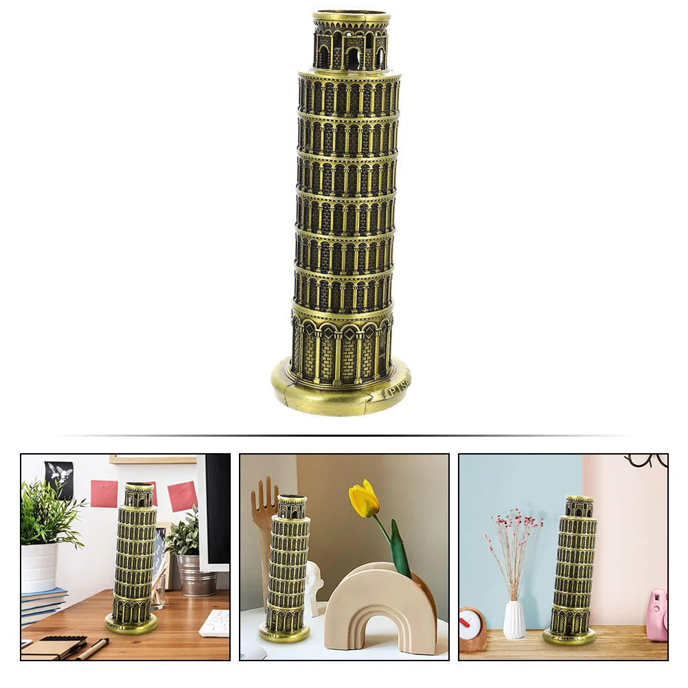 City Architecture Building Blocks Leaning Tower of Pisa Model Vintage Decor Statues Alloy Office