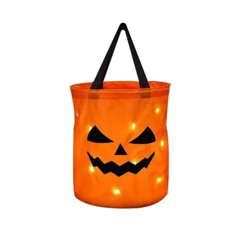 Halloween Basket for Thanksgiving Party, Trick or Treat Bucket, Pumpkin Candy Bags, dobrável, LED Light, Presente