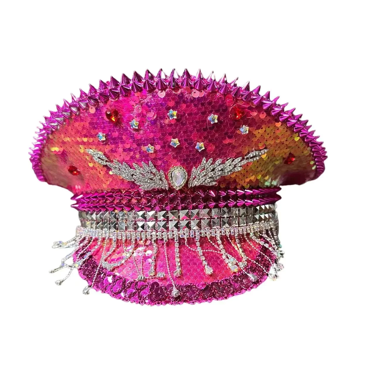 HongLuan Cappello da capitano con anello in pelle laser giallo con strass e berretti militari per donna, accessori per festival rave e berretto da festa da uomo