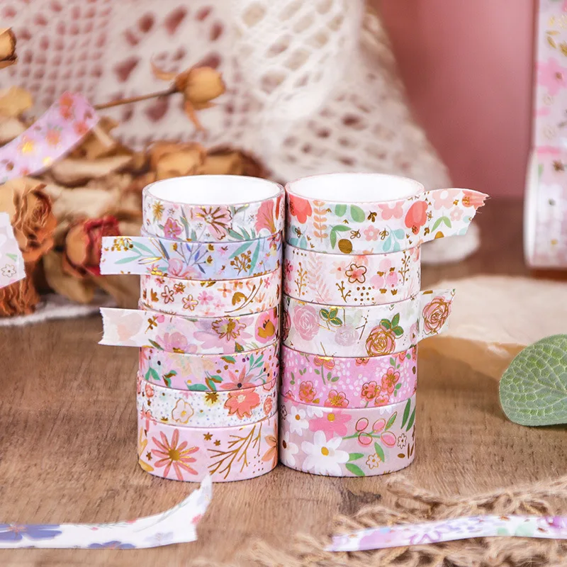 Floral Dream Bronzing Series Washi Tape Handbook Material 12 Rolls Handbook Film Stickers Decorative Stickers