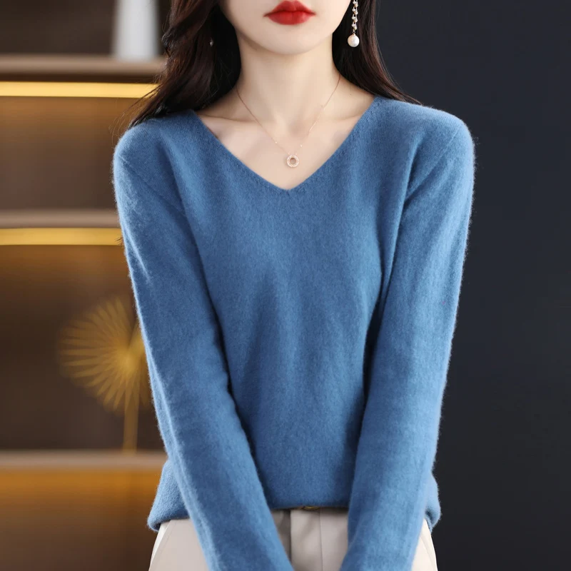 Line 1 Cashmere Sweater Women\'s V-Neck Pullover Slim Fit Fashion Knit Underlay 100% Pure Wool Basic Jacket Korean Topfour season