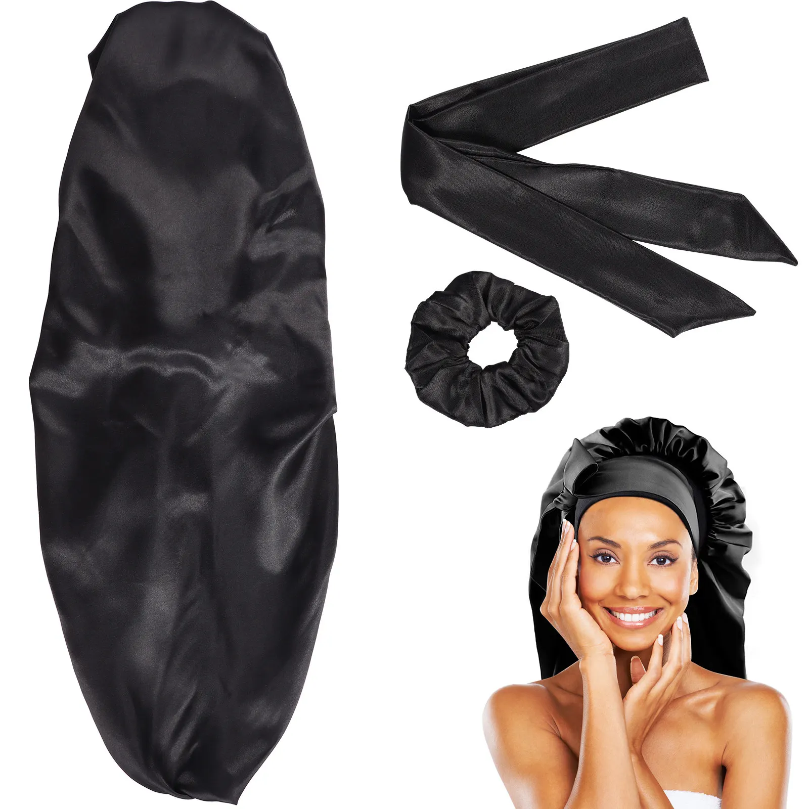 

3Pcs Satin Bonnet Sleep Caps Elastic Band Long Satin Hair Scrunchies Night Sleeping Cap for Long Curly Braids Braid Bonnet