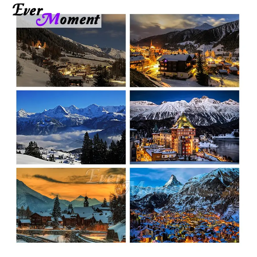 

Алмазная картина Ever Moment, мозаика, зимний снежный дом, ручная вышивка, пейзаж, рукоделие, декор для детской комнаты ASF2371