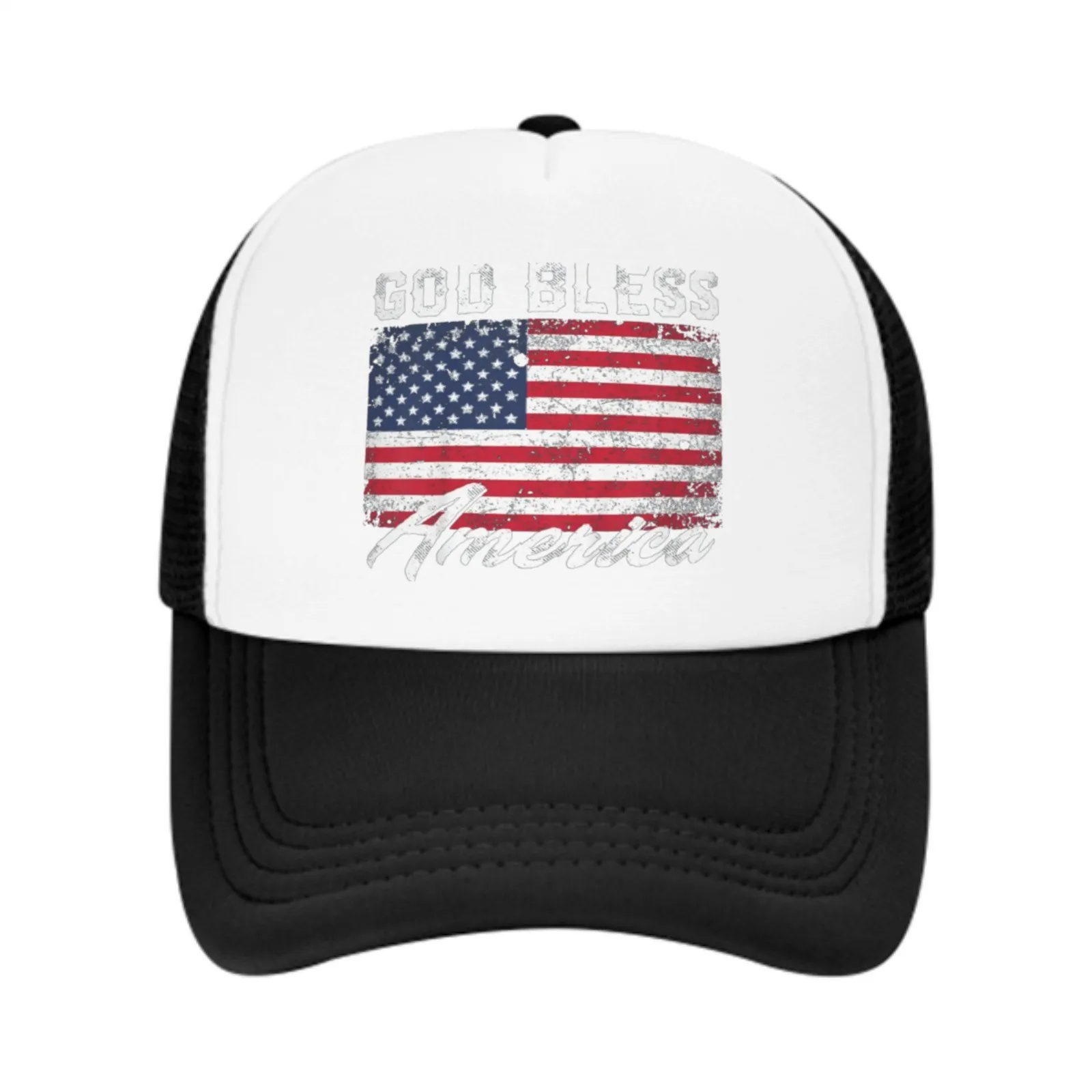 God Bless America Flag Trucker Hat Distressed Print Casual Adjustable Mesh Cap for Men