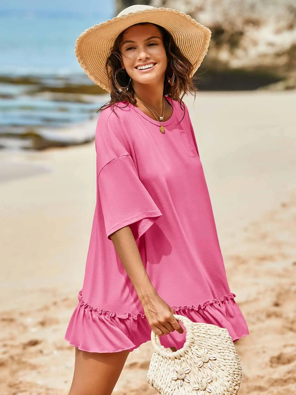 Zomer casual geplooide tuniekjurk met peplum voor dames - Oversized strandshirt met korte mouwen en ronde hals
