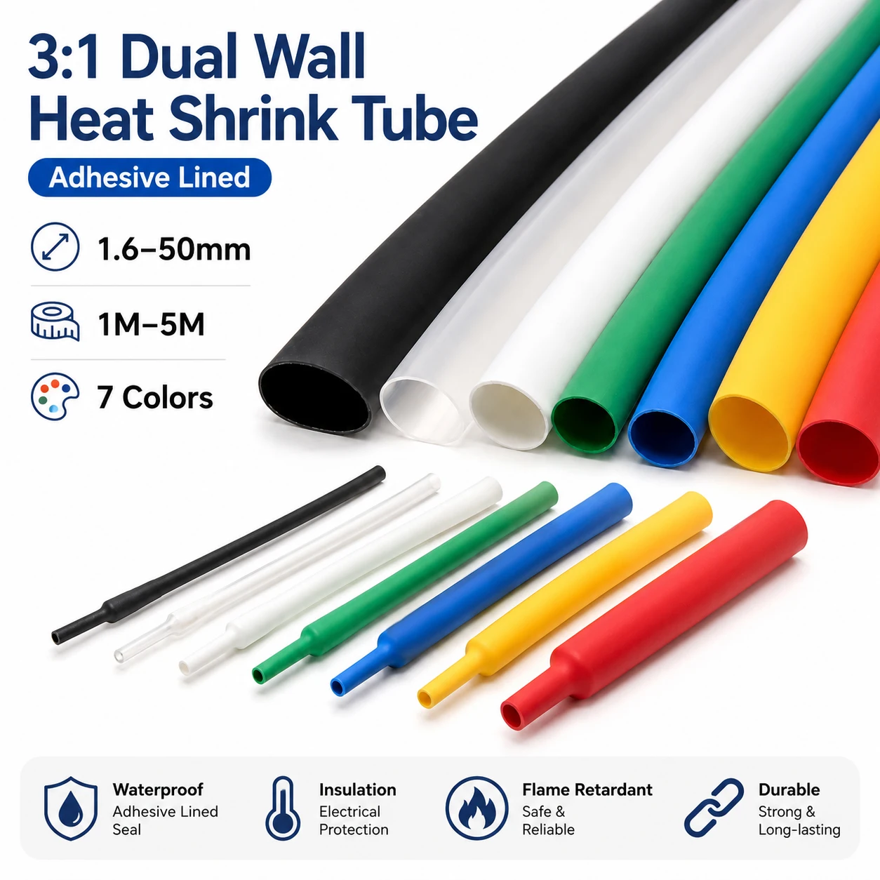 1-5M 3-1 Dual Wall Heat Shrink Tube 1.6-50mm, Adhesive Lined Waterproof Shrinkable Wire Cable Sleeve Insulation Tubing
