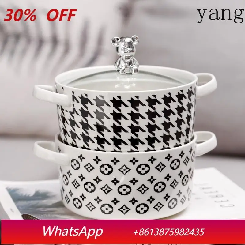 

LMM dormitory with cover large capacity rice bowl creative violence bear binaural soup bowl