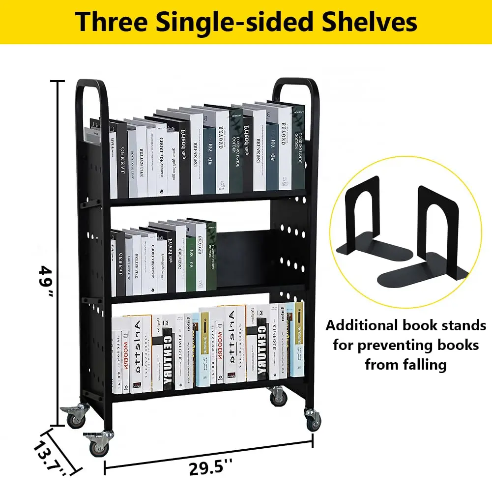 Book Cart, 200LBS Library Cart, 30x14x49 V-Shaped Rolling Book Cart With 4 Inch Lockable Wheels For Libraries, Offices, Home