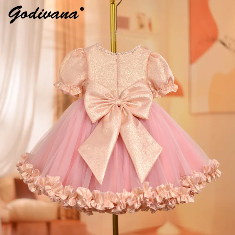 Sweet Girls 2026 New Summer Pink Princess Dress Childrens Puff Sleeve Pearls Neck Bow Mesh Patchwork Ruffle Hem Party Ball Gown