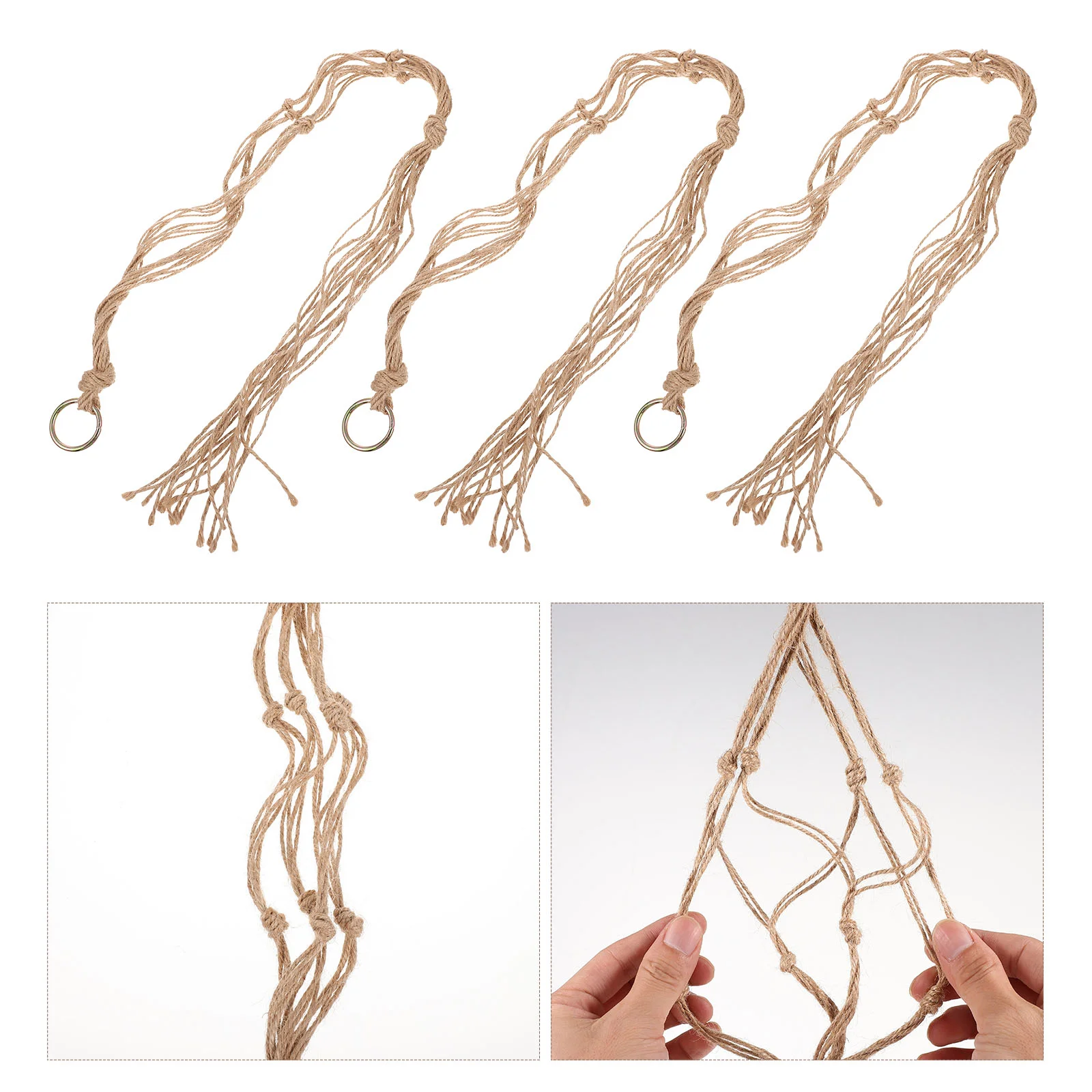 3 Pcs Plant Tapestry Net Pocket Planter Hanger for Mesh Bag Pot Wall Light Brown