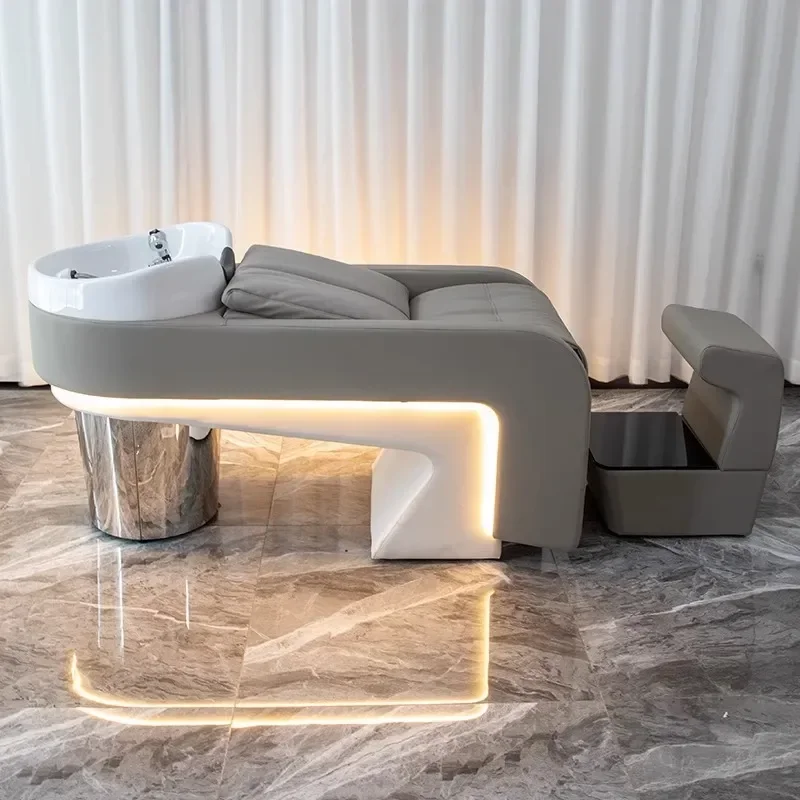 Bohorio Ceramic Deep Basin Semi Reclining Shampoo Bed with Lamp Modern Commercial Barber Shop Massage Flush Unit for Hair