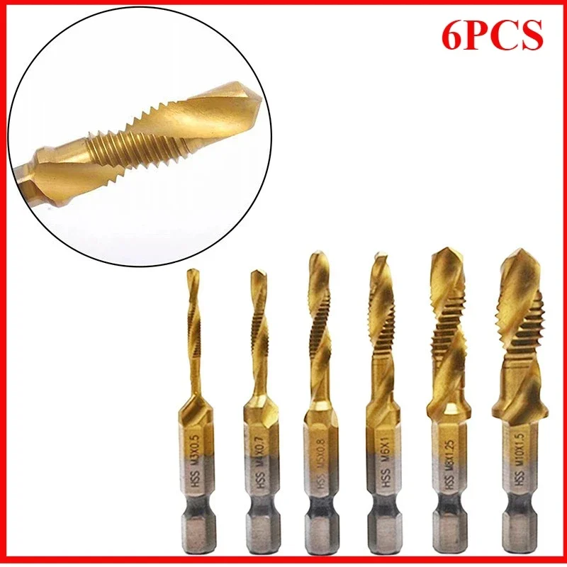 

6Pcs 1/4" Hex Shank Titanium Drill Tap Combination Bit Set, Metric Thread M3 M4 M5 M6 M8 M10 Taps Tool Metal High-speed Steel