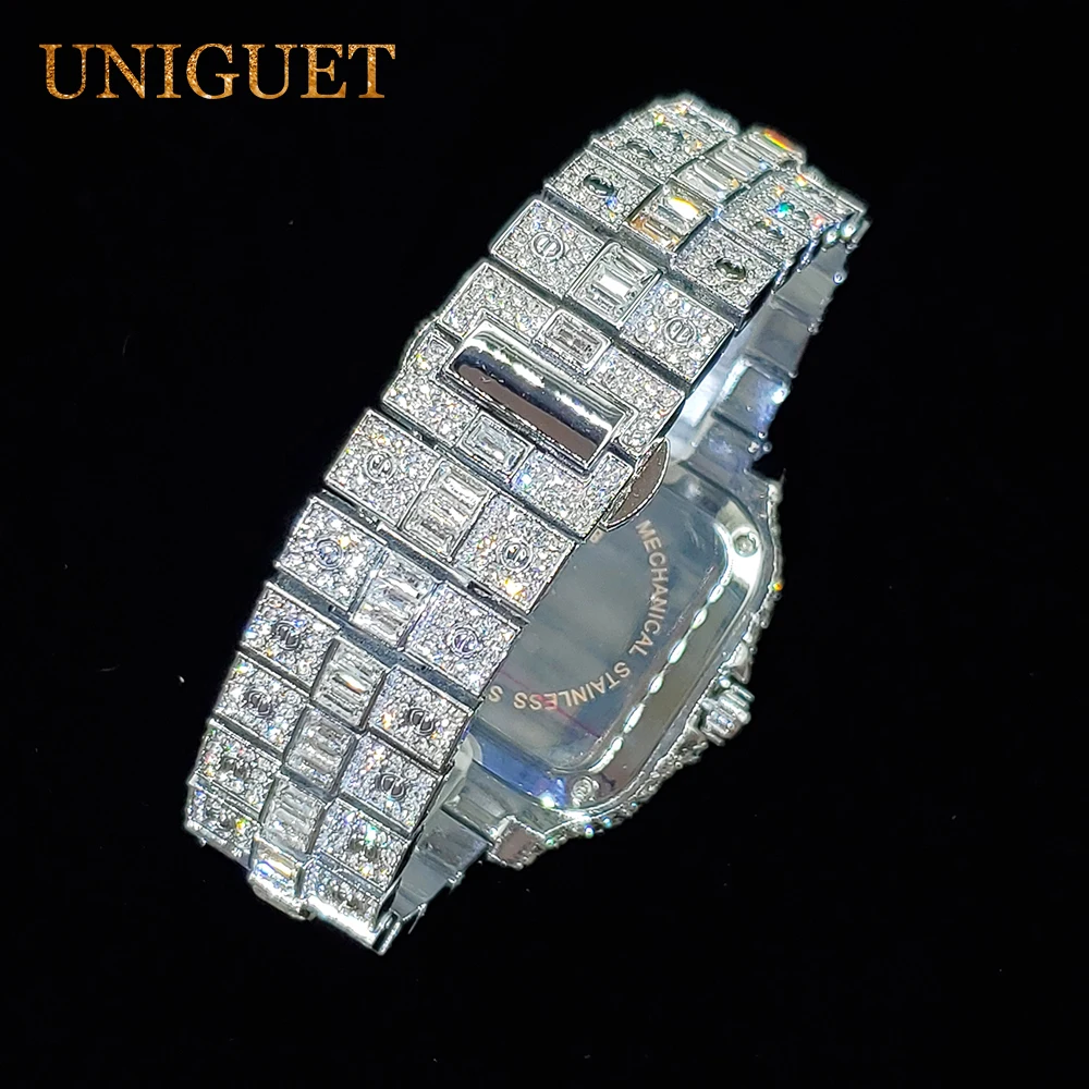 UNIGUET ساعات الماس للرجال الأزرق الوجه Luminou نقطة التقويم ساعة كوارتز رجالية فاخرة مثلج خارج ساعة الموضة دروبشيبينغ