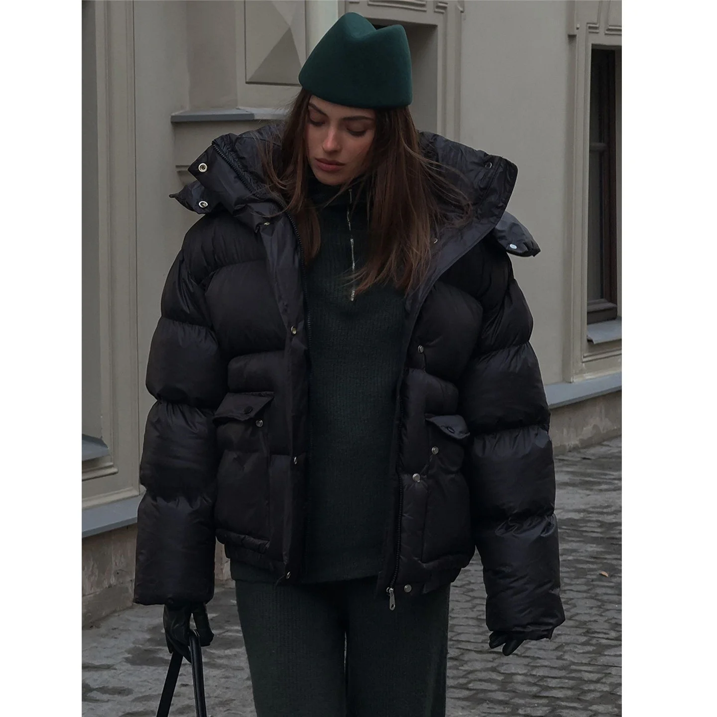 

Black Hooded Cotton Jacket with Square Pocket Warm Commuter Style Women's Coat Long Sleeve Zipper Closure Polyester Filling