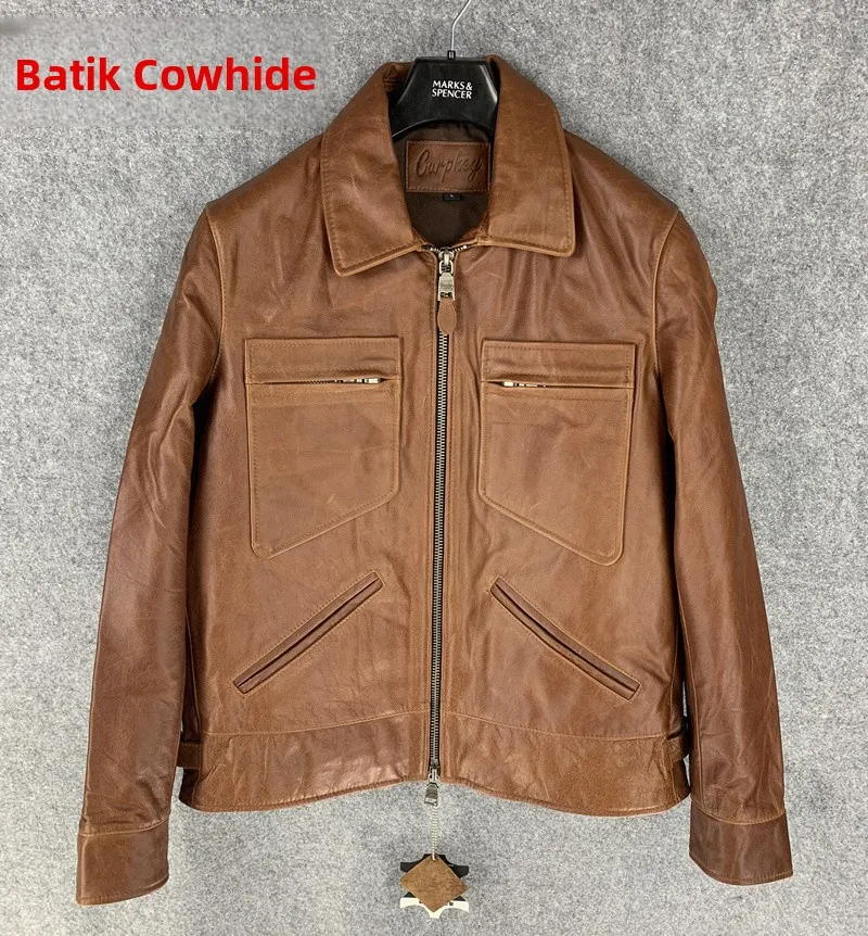 

New Busin Sle Men's Jaet ort Leather Coat Wax Dyed Top Layer Cowhide Flip Collar Biker Jaet Autumn Outerwear