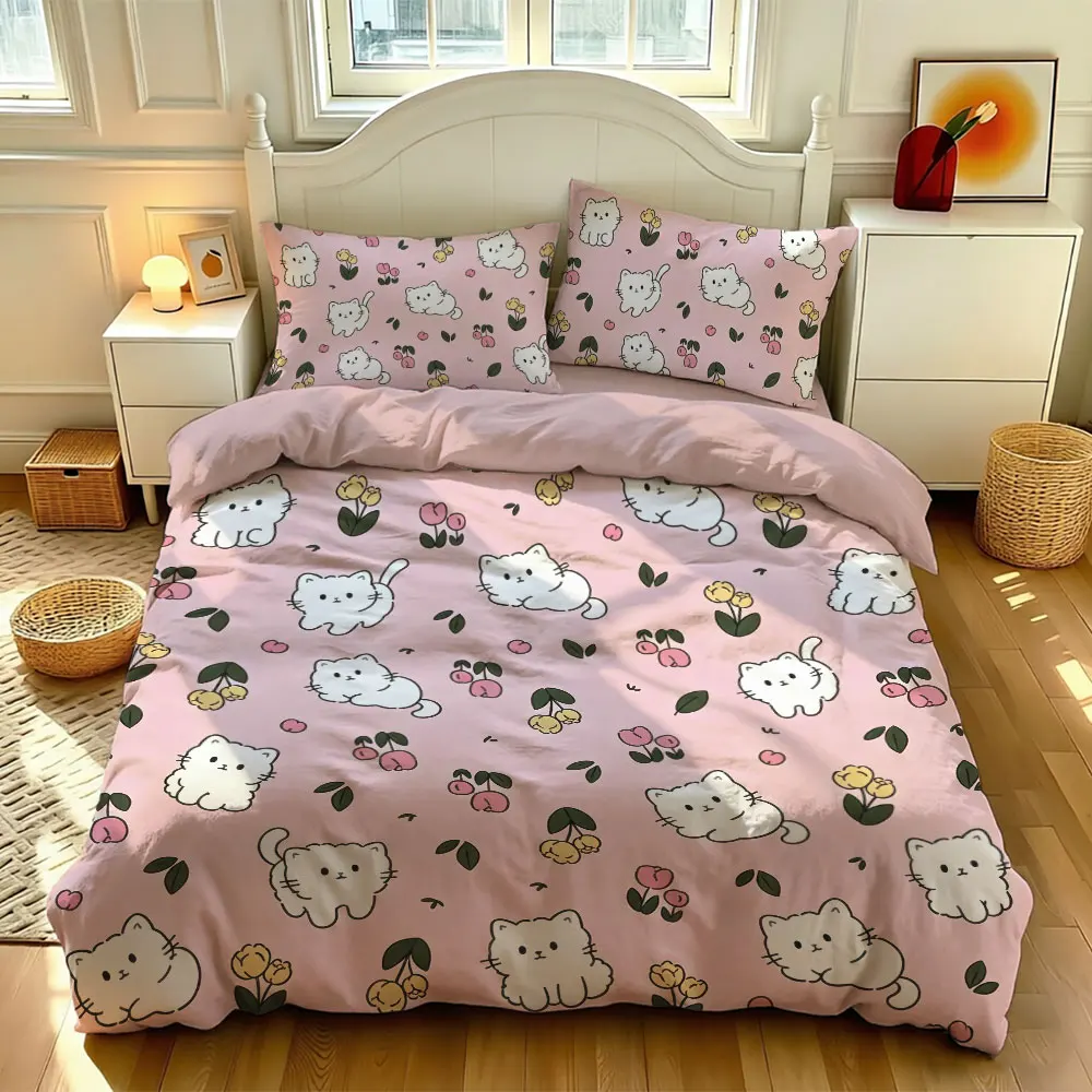 3pcs Cartoon Kitten Print Coreless Duvet Cover Cooling Summer Lightweight Bedding Set Multi Size Bedroom Bedding Decoration