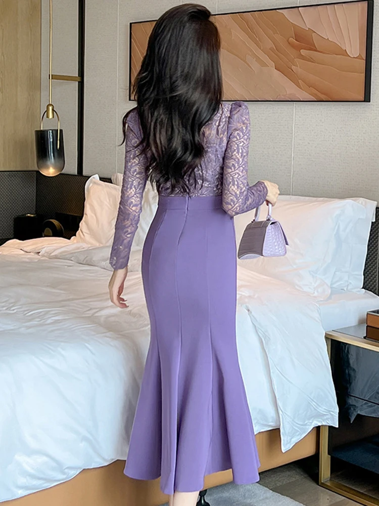 Celebrity Fake 2 Piece Dress Women Elegant Purple Sheer Lace Splice Fishtail Robe Femme Korean Party Office Lady Vestidos Spring