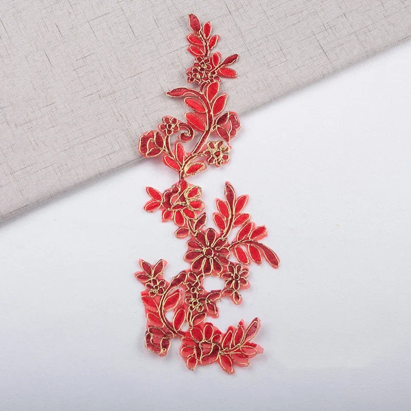 2pcs Floral Flower Gold Orchid Embroidery Iron on Patches Purple Red Black Lace Applique Sewing Flower Fabric Bridal Clothes DIY