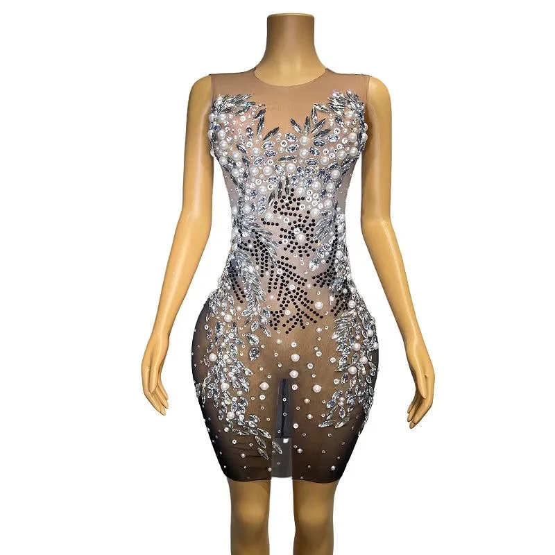 

Glisten Silver Crystals Finges Transparent Dress Rhinestones Chains Outfit Costume Birthday Celebrate Sexy Stage