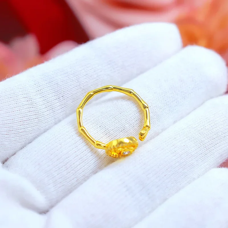 9999 Real Gold 24K gold micro-inlaid diamond ring small fresh gourd bamboo joint mozzarella diamond opening ring female