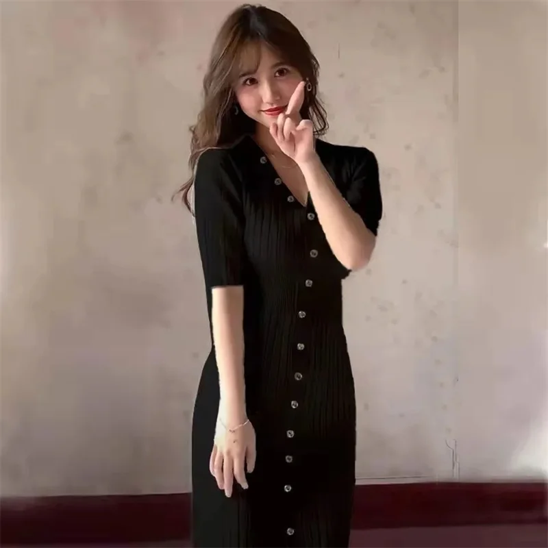 Cool  cute Spring Summer Fried Street Dress with Slim Split Waist Long Over Knee Short Sleeve Knitted Large Swing Fishtail Dress