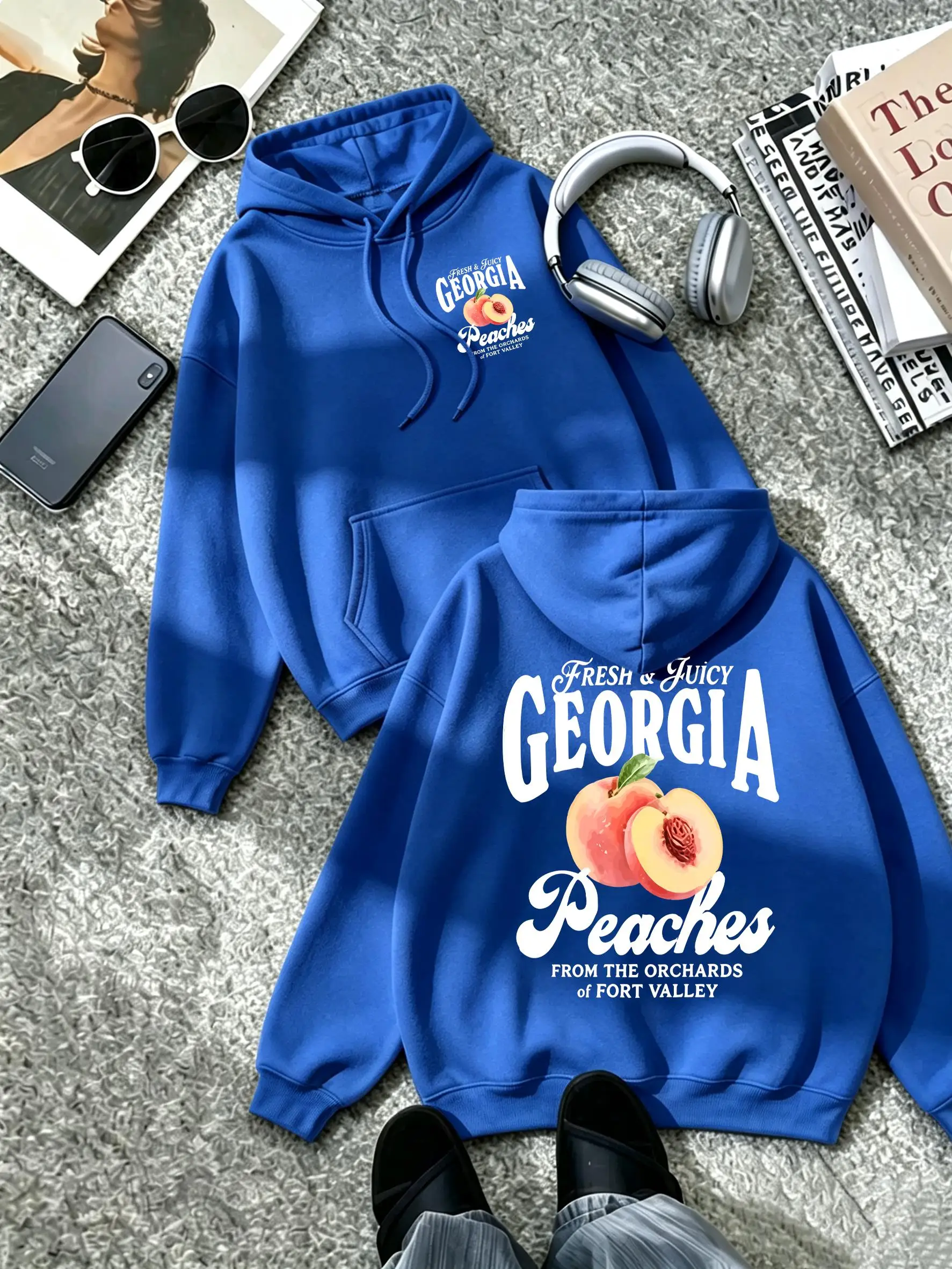 Georia Fresh Juicy Peaches Pattern Women Street Fleece Hoodie O-Neck Autumn Sportswear Soft Y2K Clothes Pocket Oversized Tops