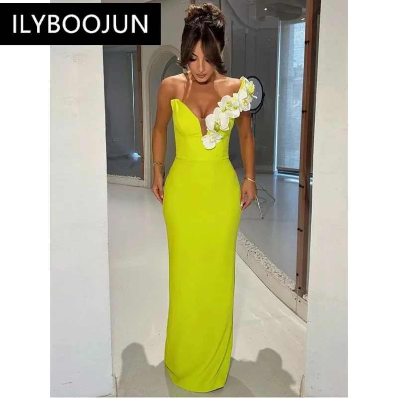 Sexy One Shoulder Green Flower Maxi Long Bodycon Bandage Club Party Dress Dresses For Women 2024 Luxury Brand High Quality