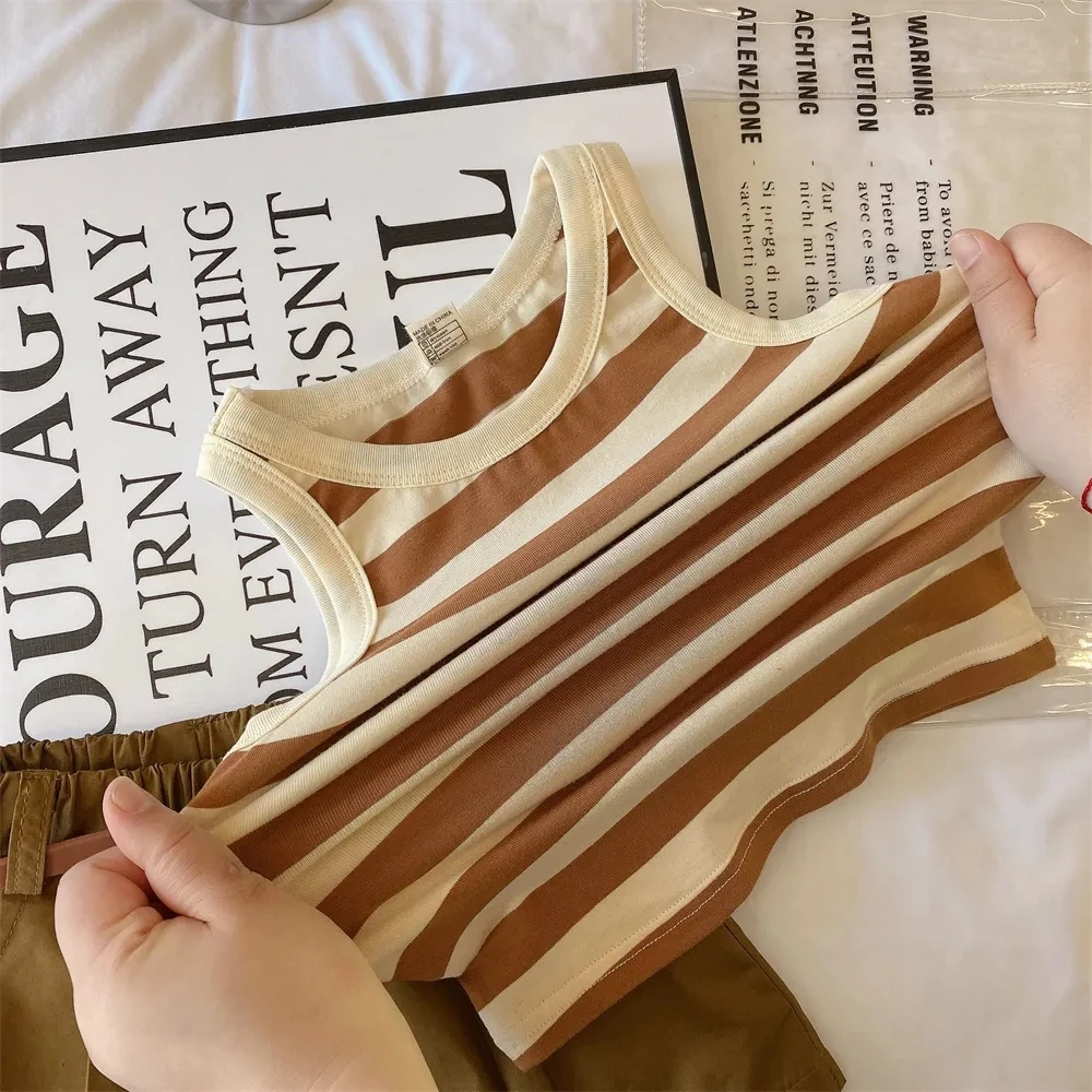 2025 صيف جديد الفتيات الملابس مجموعة شريط أكمام تي شيرت + الكاكي السراويل 2 قطعة دعوى ل 2 3 4 5 6 8 سنوات الفتيات الزي غير الرسمي #3