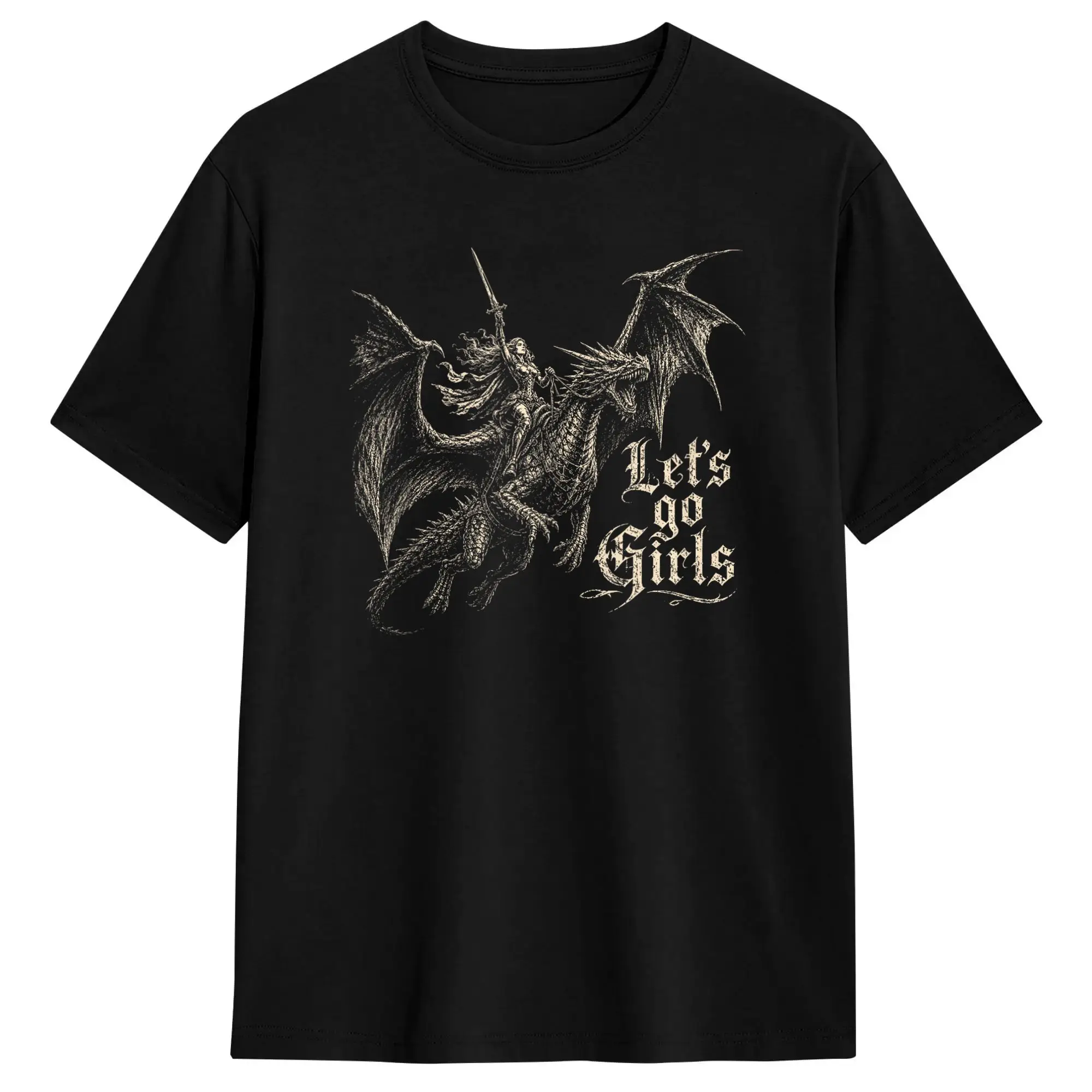 Feminist Knight Riding Dragon Empowered Let's Go that Girls T Shirt Men 100% Cotton Awesome T-Shirts Round Neck  Tee Shirt