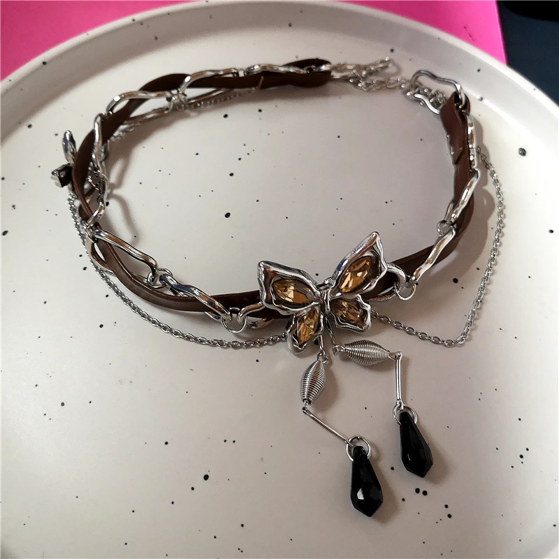 Vintage Leder Braun Stein Sonne Schmetterling Anhänger Halsband Schlüsselbein Kette Seil Halskette Für Frauen Männer Trendy Grunge Y2K Schmuck