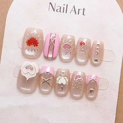 10Pcs Women Cats Eye Handmade Press On Nails Peach Hearts Sweet Cute Detachable Nail Patches Short T Short Ballerina False Nails