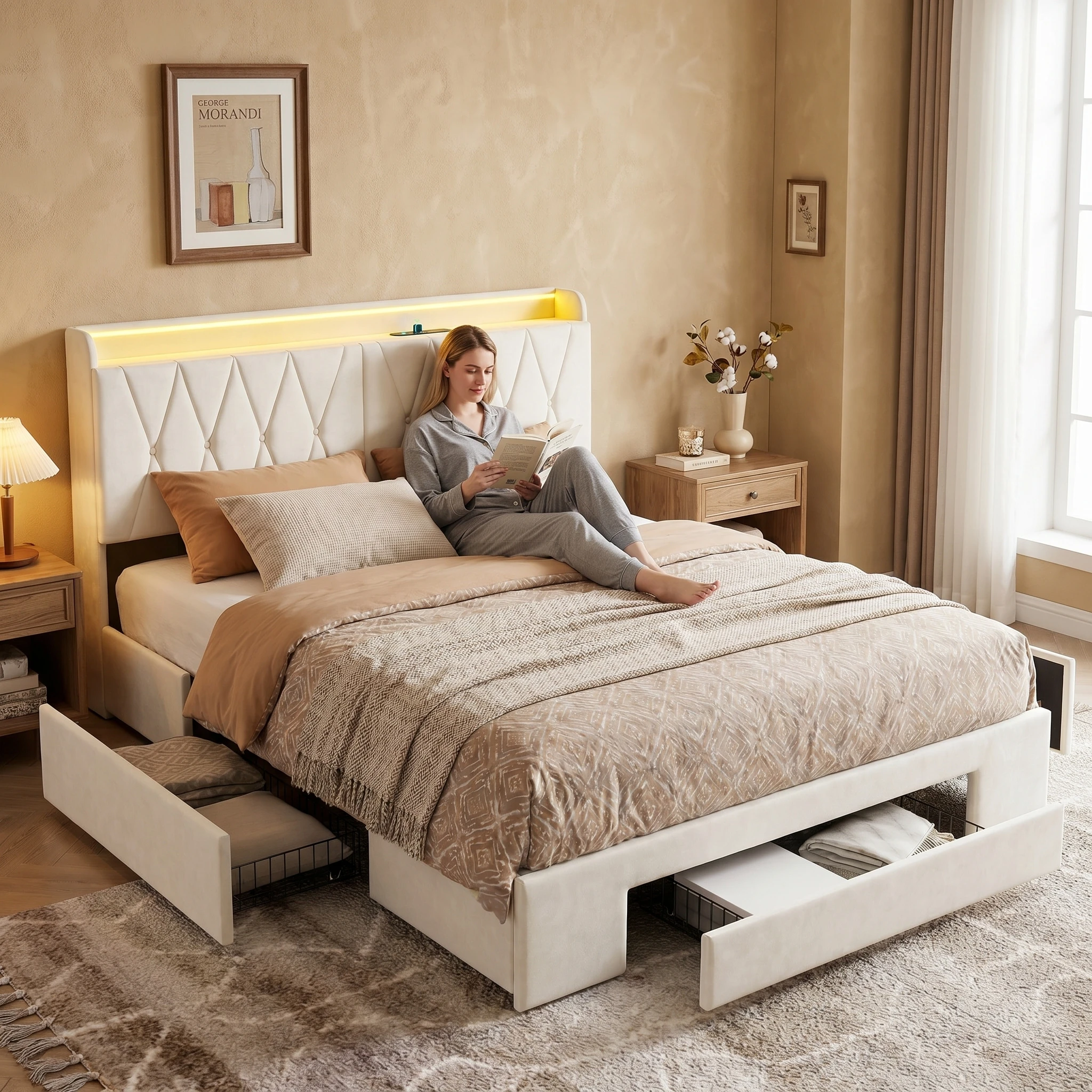 Anajqaqia Estructura de Cama, Cama Tapizada Beige de 140x190cm, con Luz LED, con Cajón de Almacenamiento, con Puerto de Carga USB