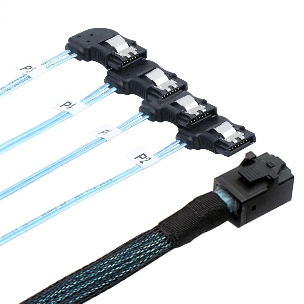 MINI SAS HD SFF-8643 to 4 Ports SATA Left Angle High-speed Connection Cable for Servers