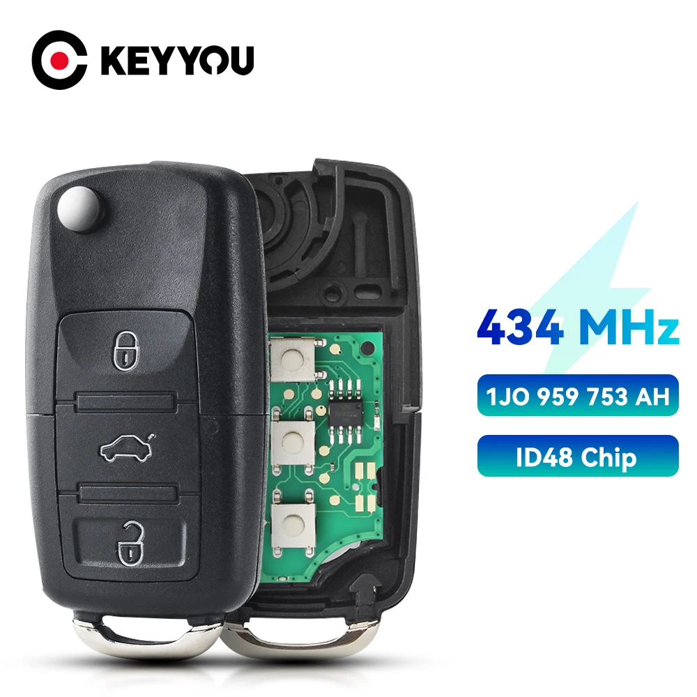 KEYYOU 1J0 959 753 AH 3 Buttons Remote Key For VW SKODA Seat Roomster Fabia Superb Car Remote Control Key 434MHz 48 Chip Fob