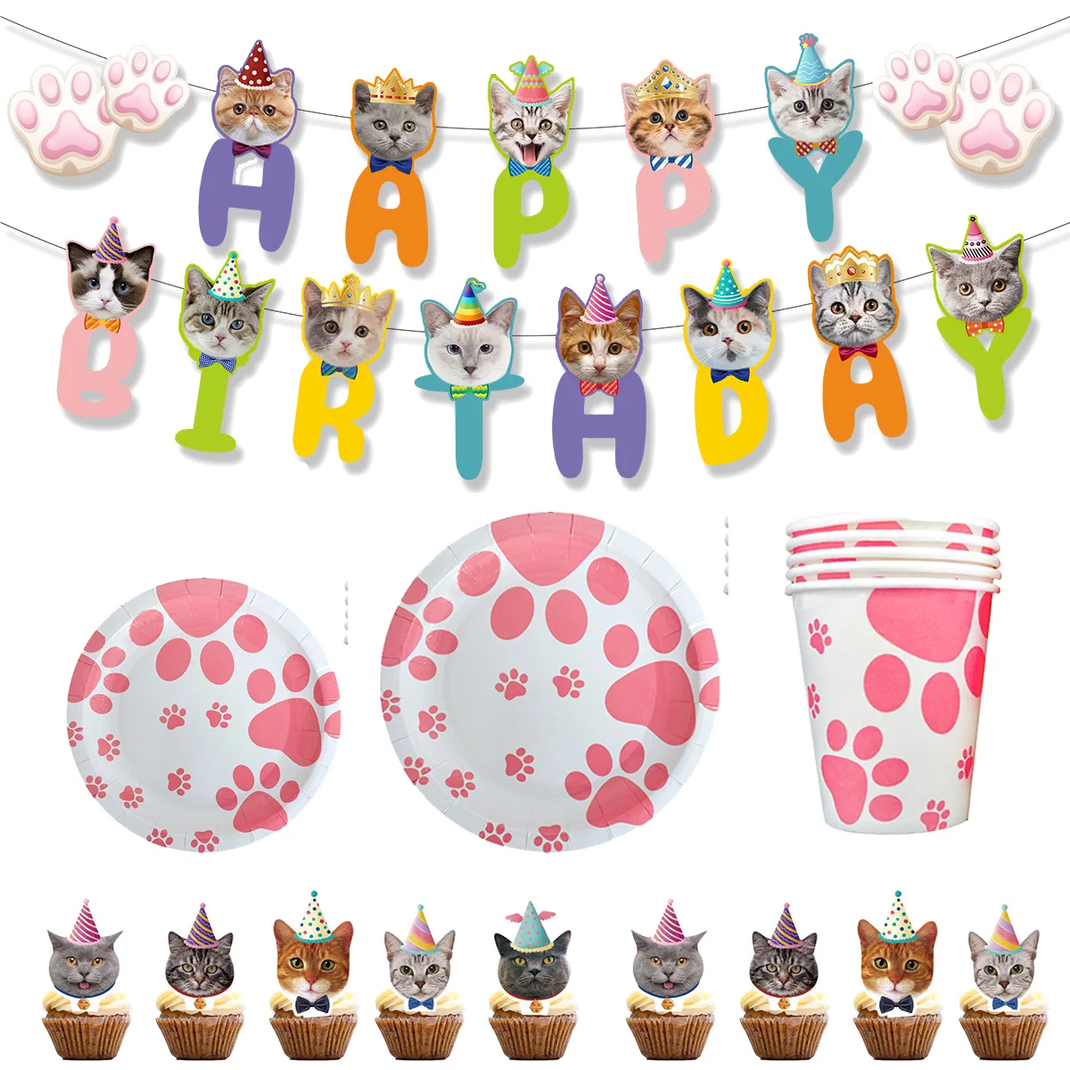 Pet cat party banner pet footprint cat claw disposable tableware cat paw plate cup kids birthday party decoration cat cake decor