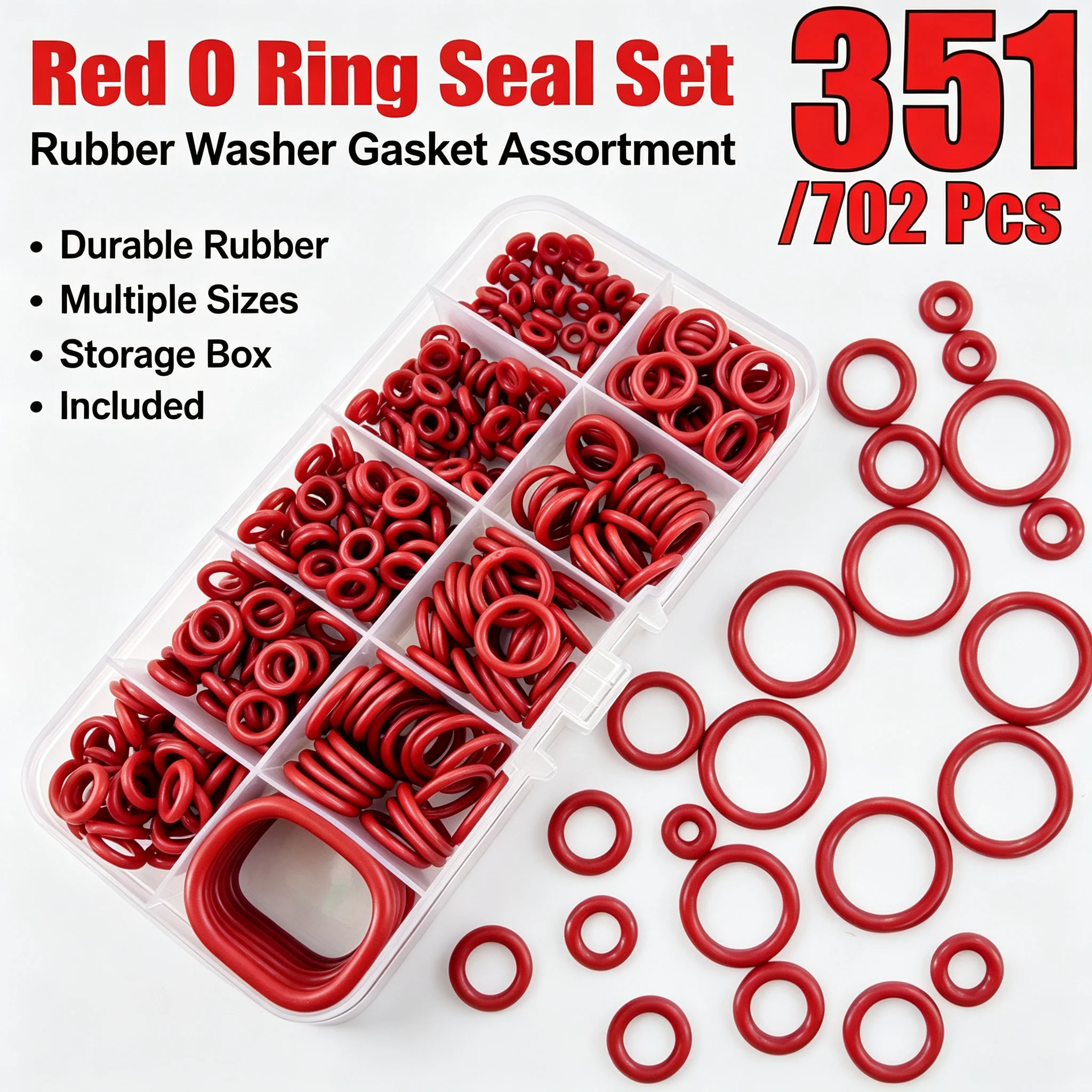 351/702Pcs Red Silicone O‑Ring Repair Kit High Temperature Resistant Wear‑proof Seal Gasket Assortment Set