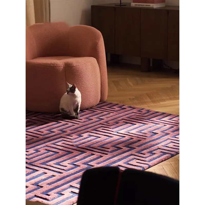 

French antique purple retro carpet living room 2025 new pink wool geometric lines bedroom bedside carpet