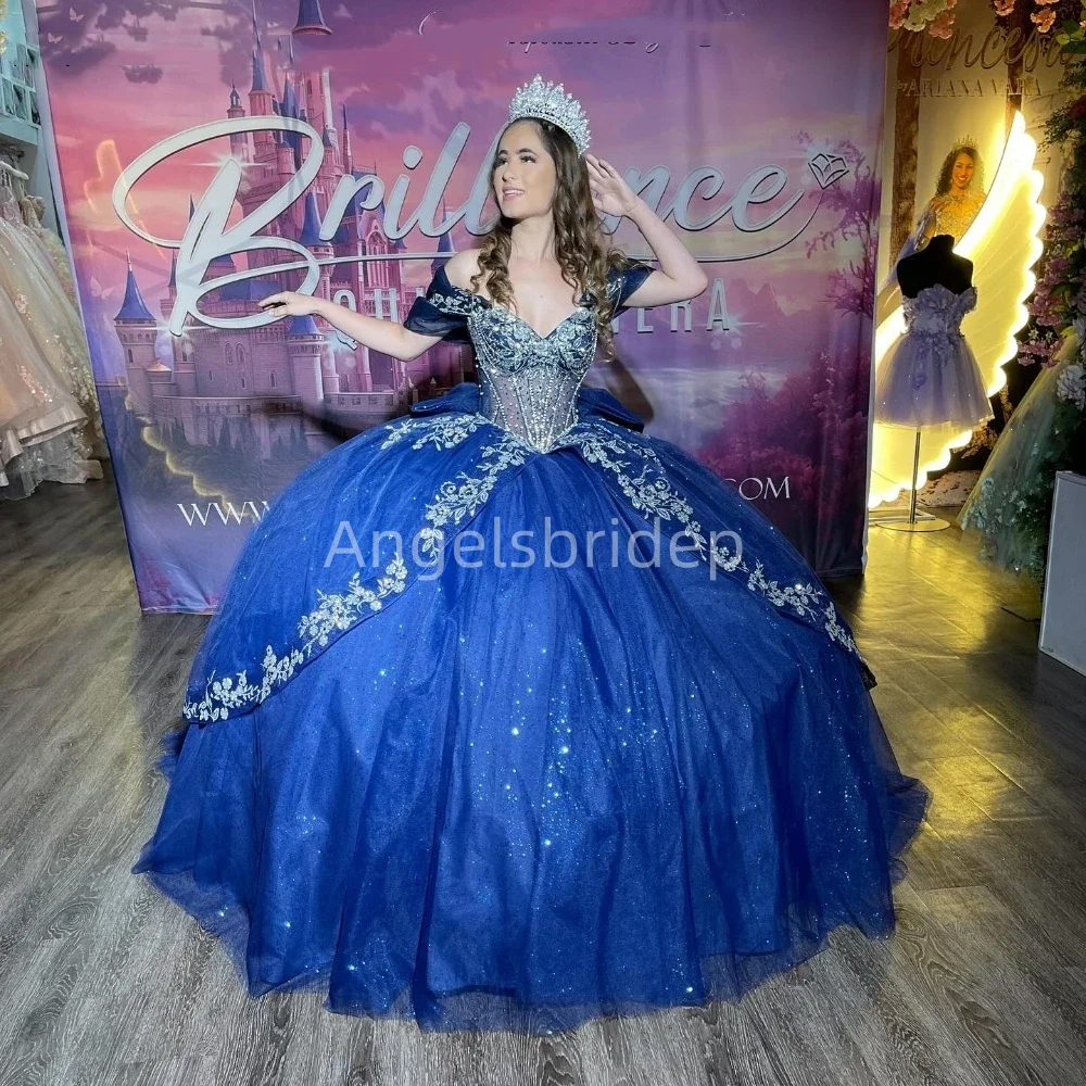 Angelsbridep-vestido De baile azul real para mujer, Vestidos De quinceañera con apliques brillantes, vestido De fiesta De noche con cuentas