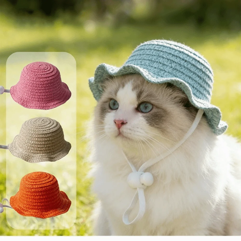 

Decorative Adjustable Pet Straw Hat Wide Brim Weaving Cat Sun Hat Breathable Pet Sunshade Hat Outdoor Sun Protection