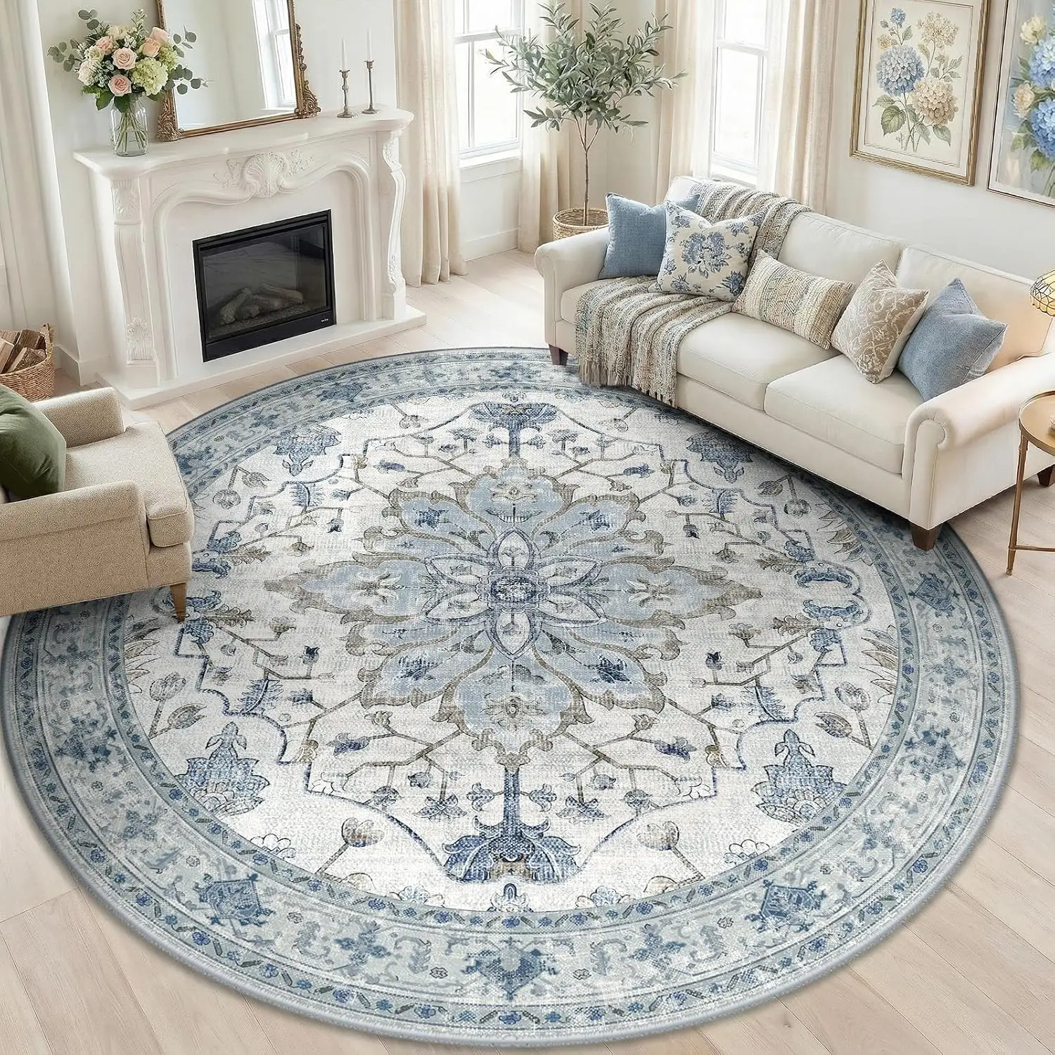 Elegant Round Blue and Grey Vintage Ottoman Style Medallion Area Rug for Living Room Boho Decor Wash Print Cushion Soft House Ca