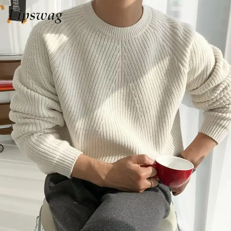 Spring Fashionable Mens Knitted Jumper Tops Streetwear Vintage Textured Knit Sweaters Men Casual Solid Color Long Sleeve Sweater