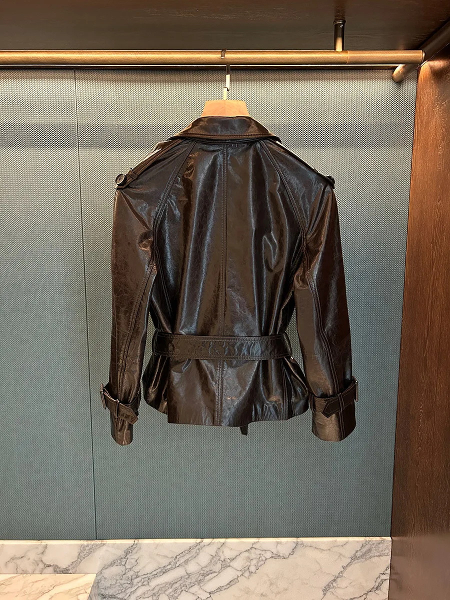 Trench corto da donna in vera pelle di pecora cerata retrò resistente