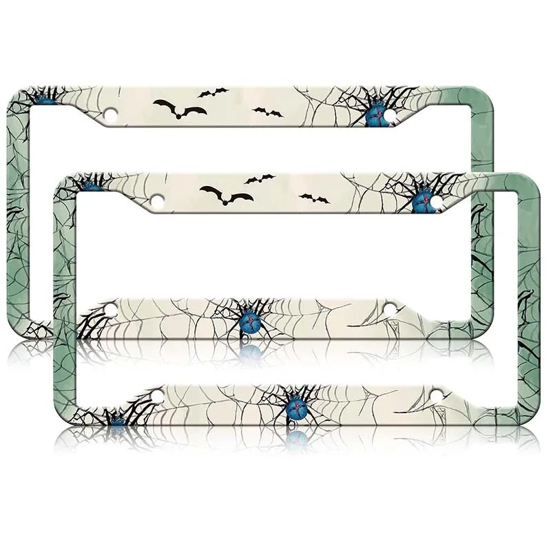 2D Flat Design with Two Halloween Spiderweb and Bat Print Borders Aluminum License Plate Frame Universal Standard Size