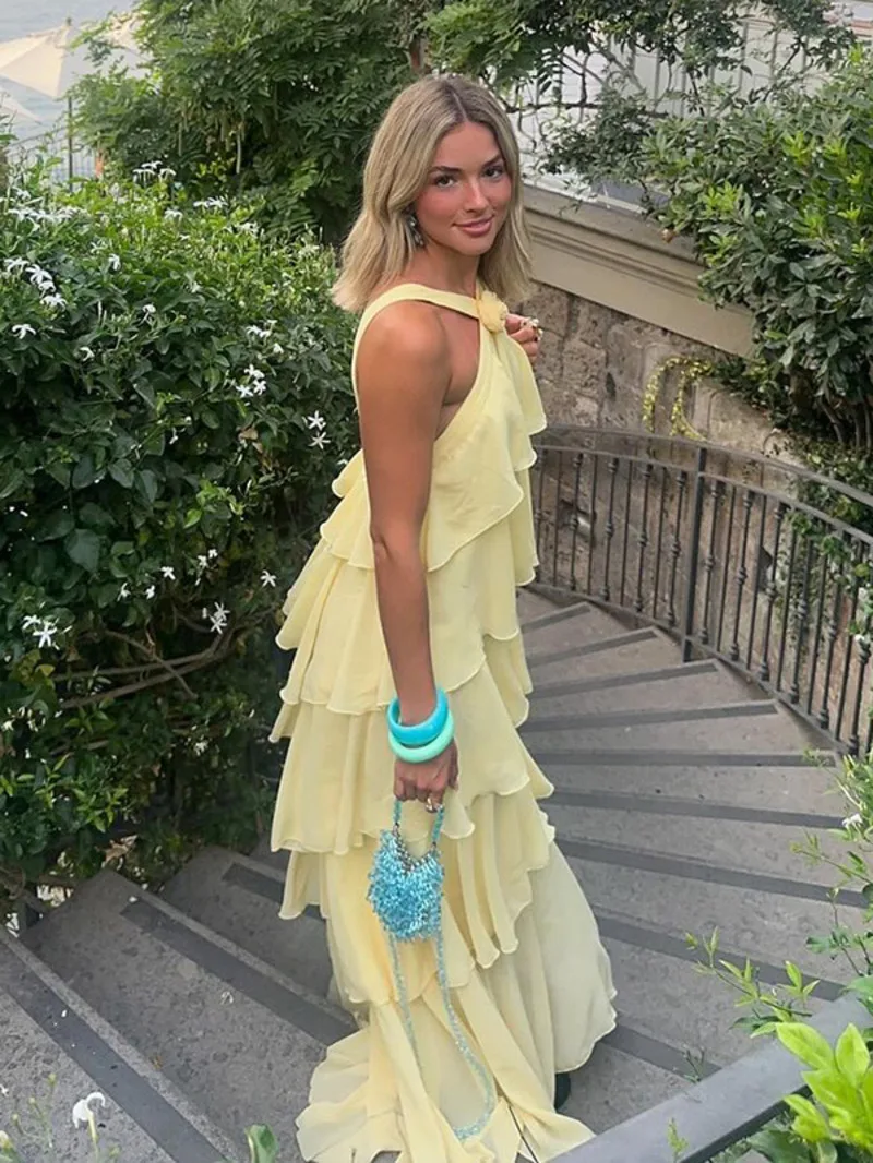 3d flor babados em camadas vestidos femininos elegante chiffon sem costas sem mangas fofo vestido longo verão nova senhora praia robes o9d0