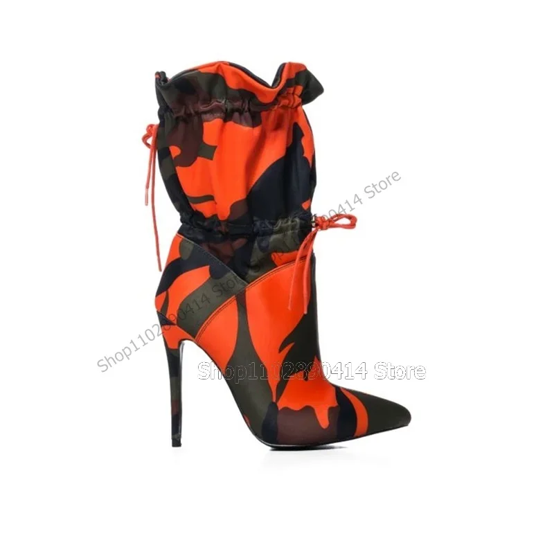 Mixed Color Camouflage Strappy Boots Lace Up Women Shoes Thin High Heels Pointed Toe Novel Fashionable 2023 Zapatos Para Mujere