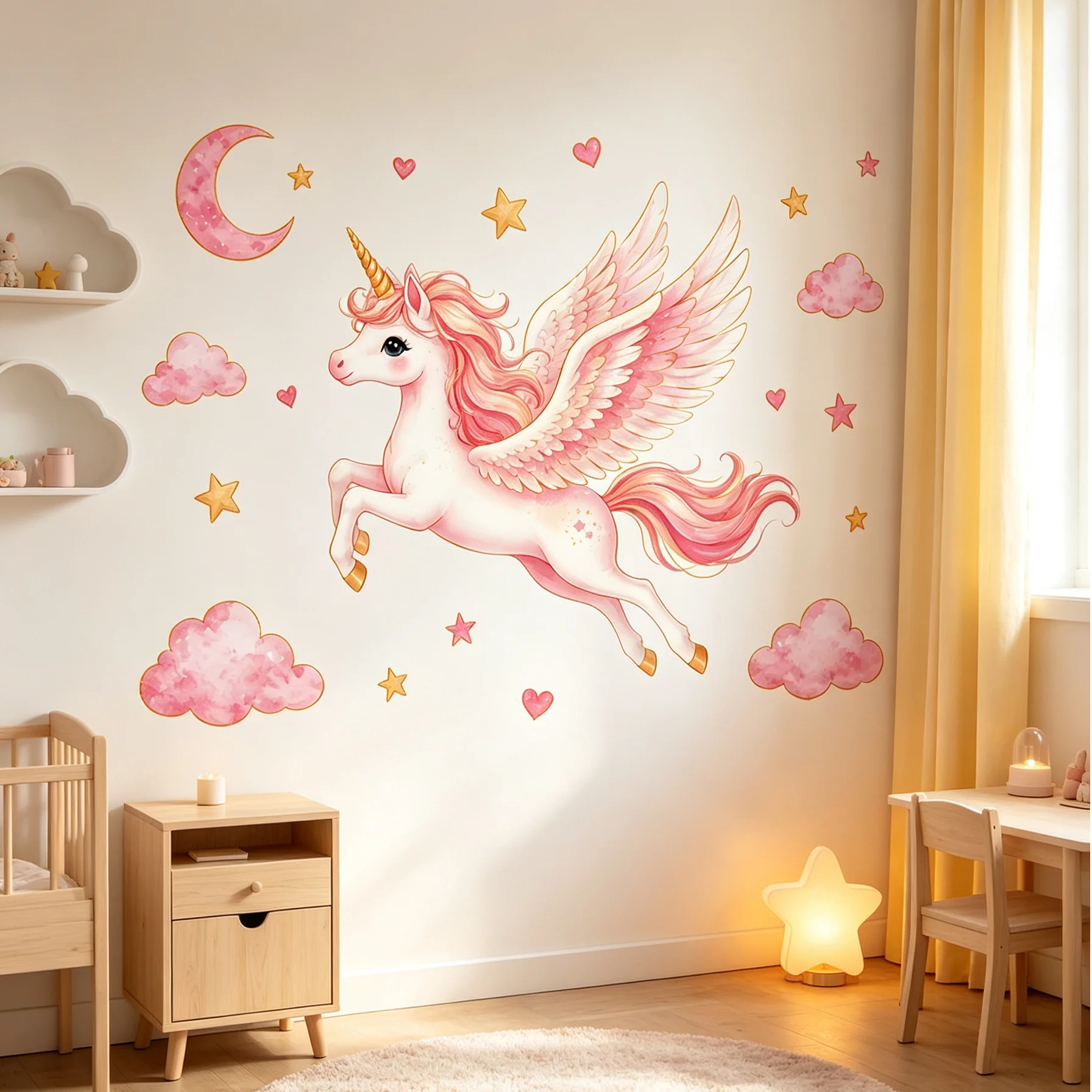 Pink Winged Unicorn Wall Decal Removable Vinyl Moon Star Cloud Heart Wall Sticker for Girls Bedroom Playroom Wall Art Decor