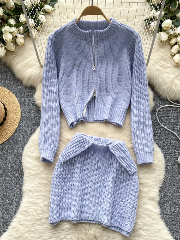 Fashion Casual Sweater 2 Piece Set Women Zipper Long Sleeves Tops + Elatic Waist Wrapped Hip Skirt Female Autumn Knitted Suits