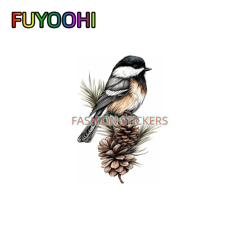FUYOOHI Maine Black Capped Chickadee Bird White Pine Cone And Tassel Flower Vinyl Decal Sticker For Car, Laptop, Tumbler, More