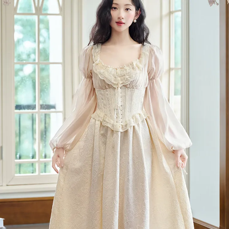 

Vintage Court Style Fishbone Dress Princess Escape Princess Skirt Beautiful Waist Cinched Dress Autumn Long Sleeve V-neck A-l...